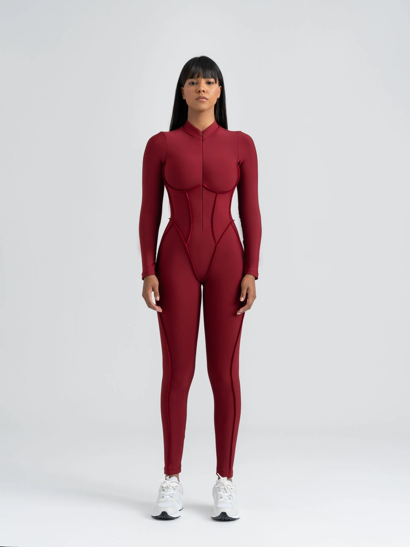 Dikişle Modellenmiş Spor Tayt Tulum Bordo
