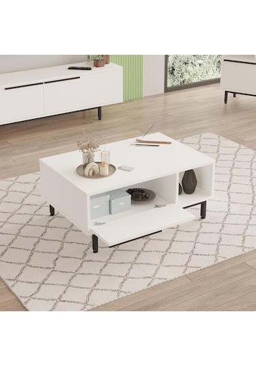 Robin Home Lidya Orta Sehpa Metal Ayaklı Kapaklı Beyaz