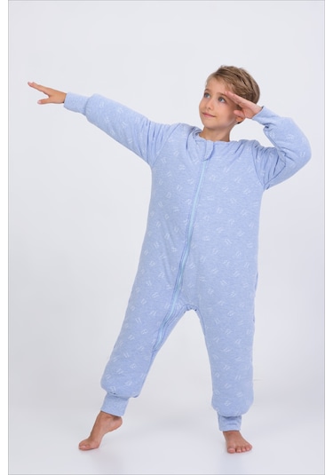 Erkek Çocuk Kalın Elyaf Dolgulu Premium Kalite 2.5 Tog Desenli Uyku Tulumu-mavi-beyaz Beyaz - Mavi