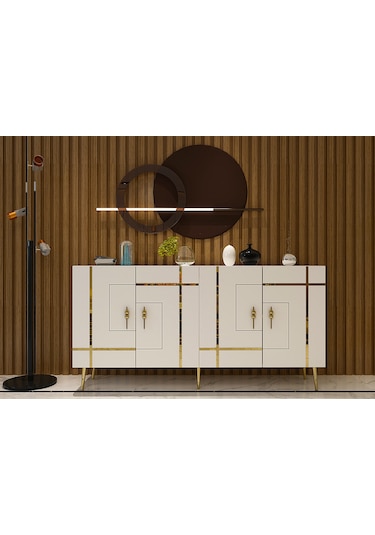 Honest Konsol Tv Sehpası Çok Amaçlı Dolap 150 Cm Beyaz Altın