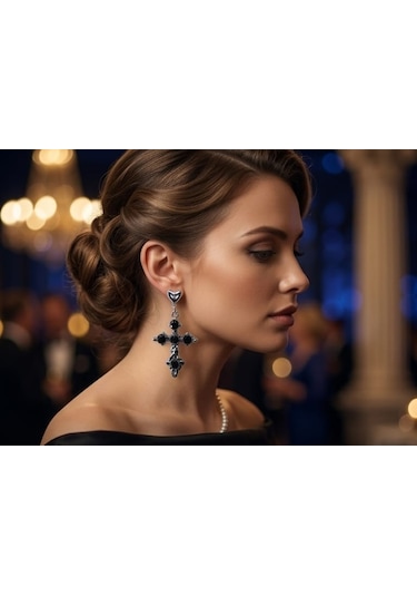 Dükkan Design Siyah Taşlı Gotik Haç Küpe Gümüş - Siyah
