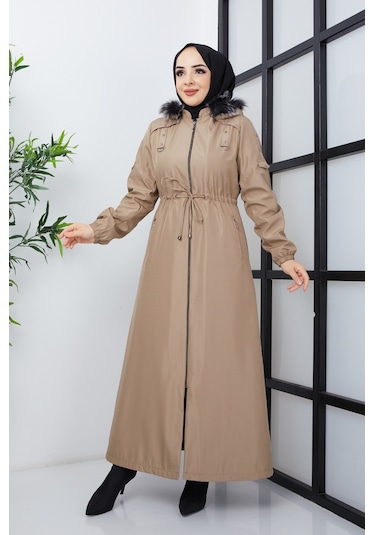 adın Içi  Kürklü Astar Altı Elyaf Belden Büzgülü Uzun Pardesü Açık Bej