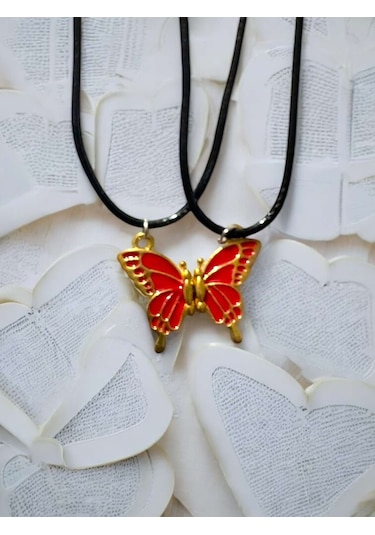 Kelebek Kırmızı Renkli İki Adet Mıknatıslı Çift Sevgili Anahtarlı Çok Renkli