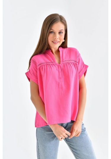 Dantel Detay Kısa Dokuma Bluz FUŞYA