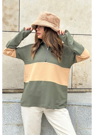 Kadın Haki Uzun Kol, Dik Yaka, Fermuarlı, Double Color Block Basic Sweatshirt Bluz Haki