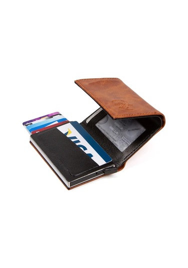 Tuldar Erkek Rfıd Otomatik Çekim Koruyucu Mekanizmalı Kağıt Para Bölmeli Hediyelik Kartlık Cüzdan Tul601 - Taba