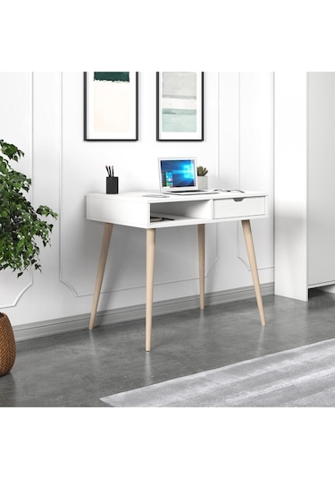 Offer Çalışma Masası, Bilgisayar Masası, Çekmeceli Kilim, Ahşap Ayak, Ev-ofis - Beyaz Beyaz