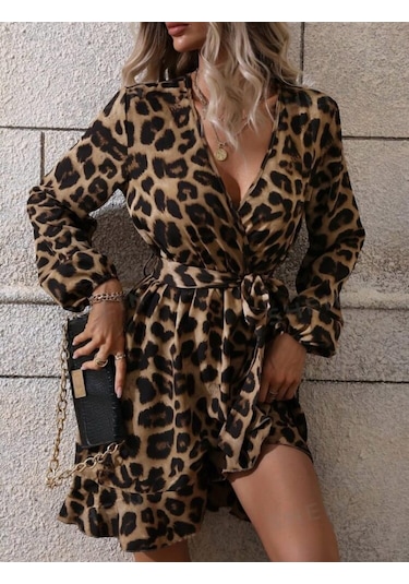 Uzun Kollu Kruvaze Yaka Kuşaklı Leopar Kısa Dalgıç Elbise Kahverengi