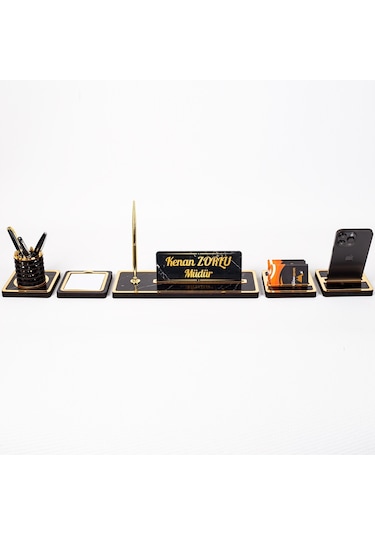 Mermer Desenli 5 Parça Ahşap Masa İsimliği Ofis Hediyesi İsimlik