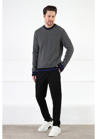 Ferraro Füme/Siyah Bisiklet Yaka %100 Kuzu Yünü Erkek Kazak Füme Siyah Füme - Siyah