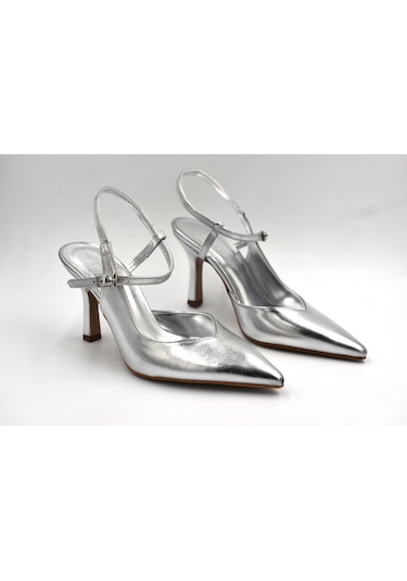 Beyaz London Kapalı Burun Topuklu Kadın Ayakkabı Gumüş Gumüş