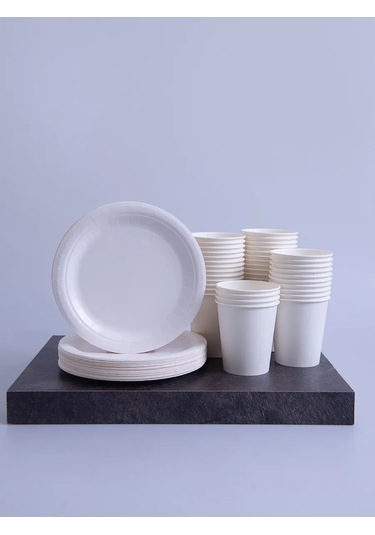 Mideko 50 Tabak + 50 Bardaklı Tek Kullanımlık Sofra Seti 300260369 Beyaz
