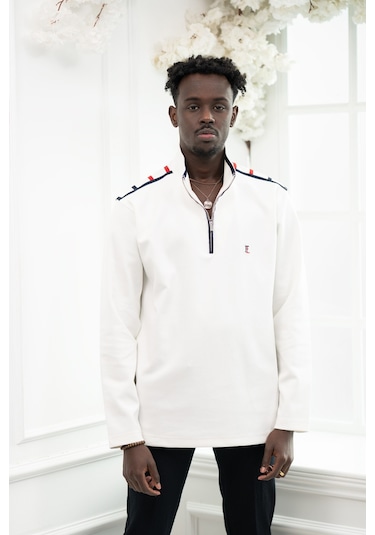 Frank Leon Regular Fit Dik Yaka Yarım Fermuarlı Biyeli Pamuklu Sweatshirt Beyaz