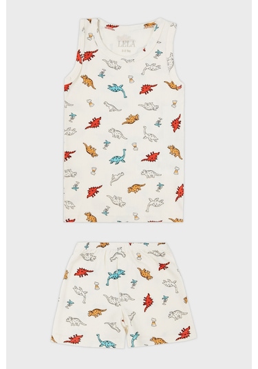 Lela Desenli Streç Pamuklu Bisiklet Yaka Atlet Boxer 2'Li Iç Giyim Erkek Çocuk Takım 6651010 Ekru-Kırmızı