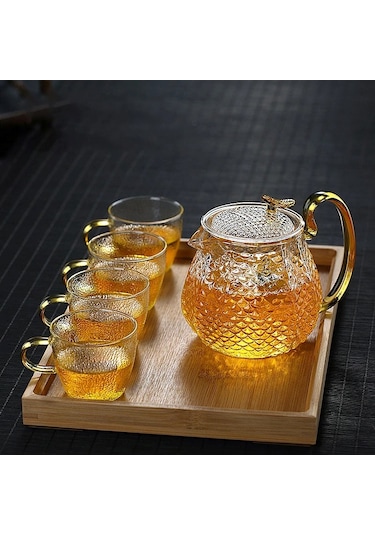 Qerhome Borosilikat Cam Buzlu Gold Saplı Bitki Çayı Demliği 550 Ml Altındem Şeffaf