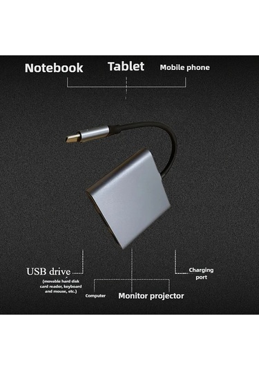 Sunshine011 3 Lü 1 Usb-c Hdtv Dock 4k Projektör Usb 3.0 Kart Okuyucu Pd Black Line Gray
