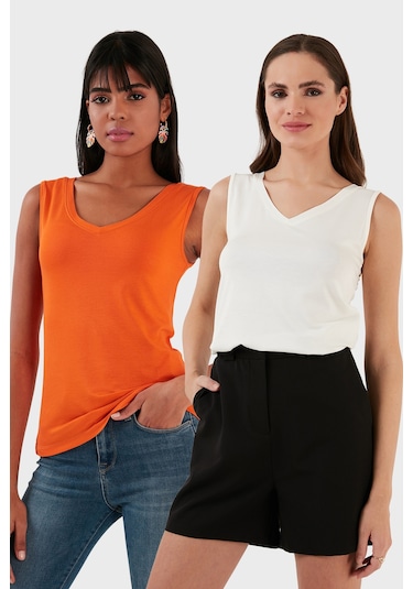 Lela Slim Fit V Yaka Kalın Askılı 2' Li Paket Bayan Bluz 5864384S2 Ekru-Oranj