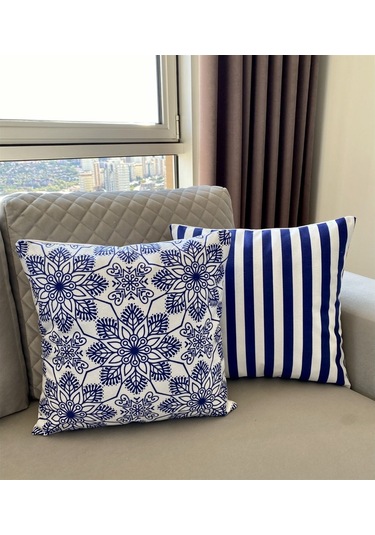 Çift Taraflı Mavi-Beyaz Renk Dekoratif 2'Li Kombin Kırlent Kılıfı (506970405)