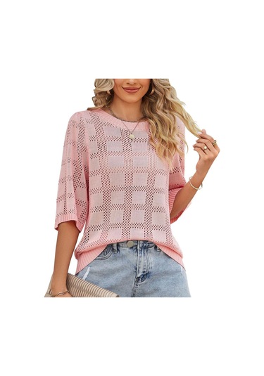 Hnxc Kadın Modası Rahat Yazlık Düz Renk Baskılı 3/4 Kollu O Yaka Bluzlar Ve Gömlekler Pembe