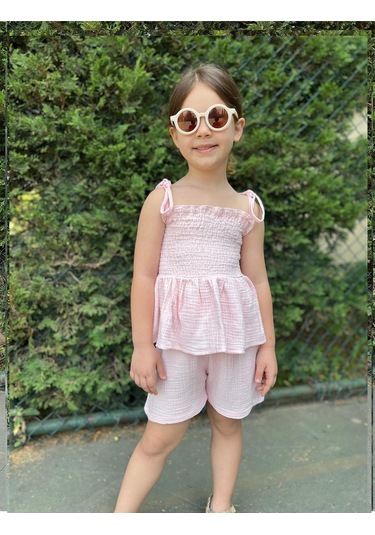 Müslin Kumaş Şortlu Kız Çocuk Takım Pembe