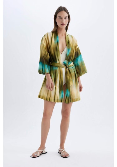 DeFacto Desenli Pamuklu Kimono-Fall in Love D0453AX24SMKH452 Haki