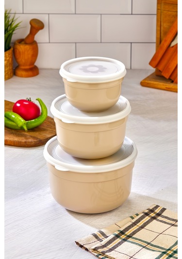 3'lü Hava Geçirmez Saklama Kabı - Krem Krem