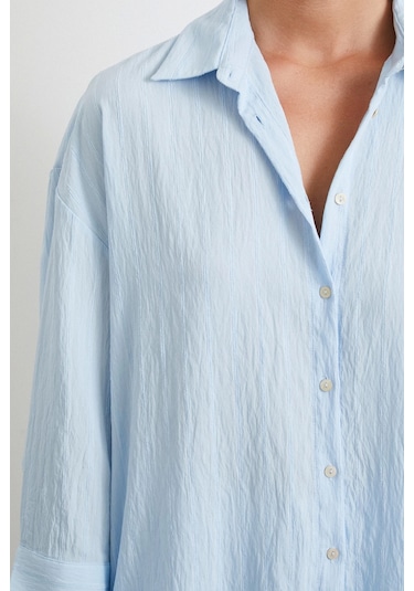 Kabartma Çizgili Oversize Gömlek Mavi Mavi