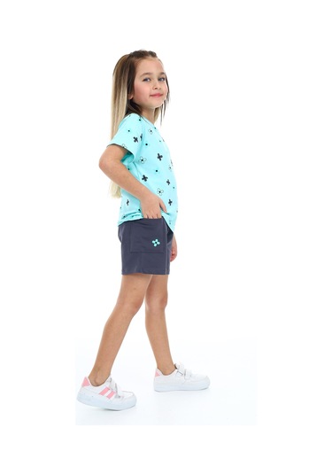 Toontoy Kız Çocuk Garni Komple Çiçek Baskılı Şortlu Takım Su Yeşili