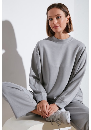 Lela Streç Bisiklet Yaka Oversize Fit Scuba Bayan Sweat 5865879 Gri