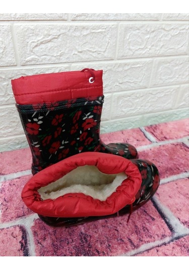 Çağrı Kırmızı Çiçekli Siyah İçi Yünlü Kız Çocuk Konçlu Yağmur Çizmesi 001