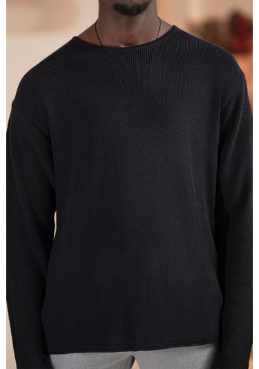 Regular Fit Likralı Kendinden Çizgili Mevsimlik Spor Kazak Siyah