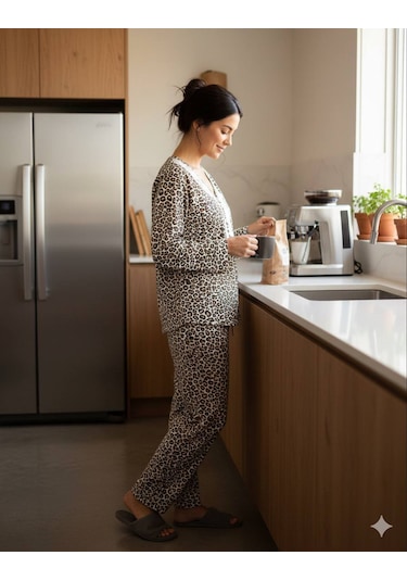 Leopar Ve Çiçek Desenli Pamuklu Penye Kumaş Pijama Takımı Leopar