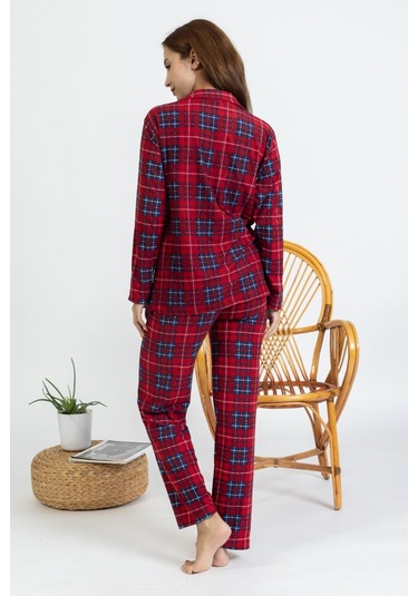 Yeni Sezon Düğmeli Süet Kadın Pijama Takımı 5503-kırmızı Kırmızı
