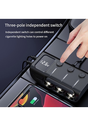 Yunboo Araç Şarj Adaptörü 3 Usb + 2 Type-c Pd 120w, Bağımsız Anahtarlar, Gerilim Monitörü, Siyah 12-24v