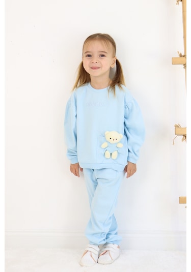 Kız Çocuk Orta Kalınlıkta Ayıcık Oyuncaklı Eşofman Takımı Mavi