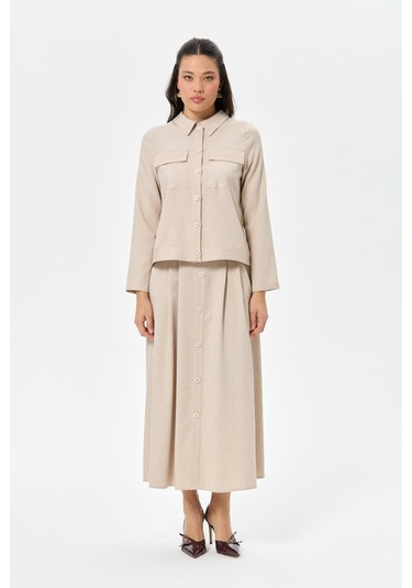 Çizgili Ve Düz Poliviskon Kumaş Etekli Takım Vizon Vizon