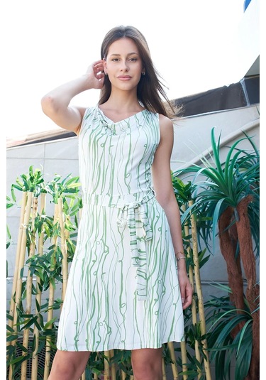 Kadın Desenli Degaje Yakalı Kolsuz Eteği Kiloş Likralı Hafif Parlak Kumaş Elbise-mint Desen Mint Dsn.