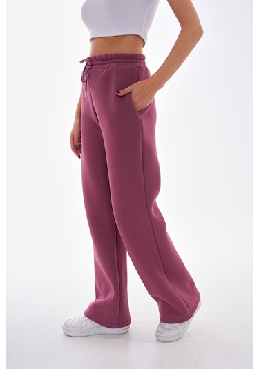 Kallima Vişne Kışlık Şardonlu Yüksek Bel Bol Paça Eşofman Altı Gülkurusu