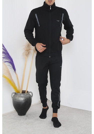 Erkek Dik Yaka Fermuarlı Eşofman Takım - Siyah Siyah