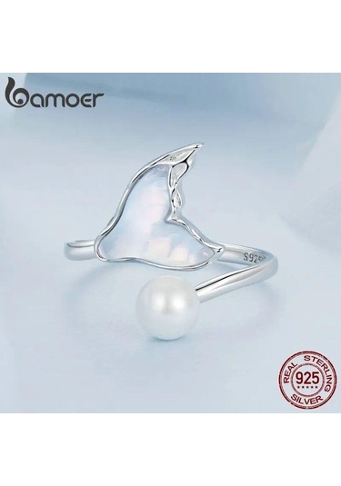 Bamoer Beyaz Altın Kaplama Balık Kuyruğu İnci Yüzük, 925 Ayar Gümüş Sevimli Ayarlanabilir Yüzükler Kadın Kızlar İçin