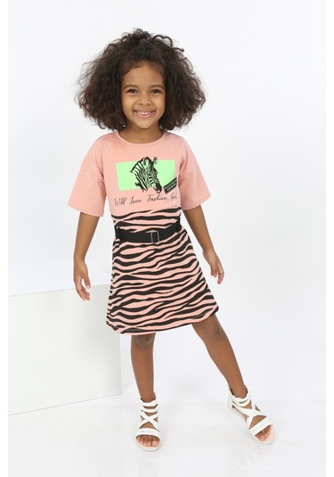 Toontoy Kız Çocuk Zebra Baskılı Elbise Koyu Pudra