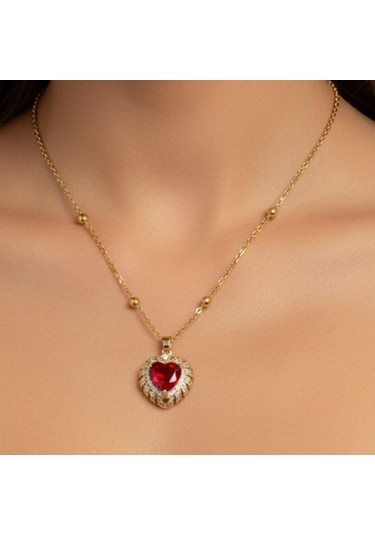 Altın Renk Kırmızı Kalp Model Top Zincir Çelik Kolye Altın