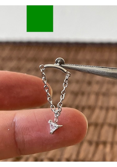 316 L Cerrahi Çelik Üçken Zirkon Taşlı Zincirli Dudak Helix Kıkırdak Tragus Piercingi Gümüş