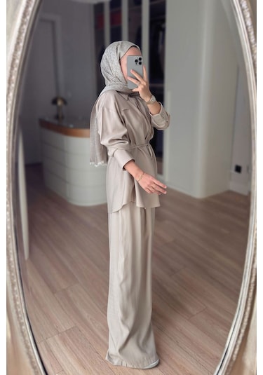 Ka Hijab Bağcıklı Bluz Pantolon Takım - Bej