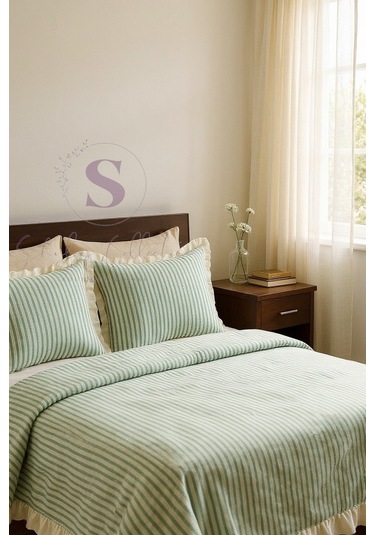 Sarı-bej % 100 Pamuk Fırfır İplik Boyalı Çift Kişilik Nevresim Takımı,modern Çizgili Nevresım Seti Mavi - Bej