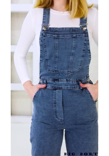 Yandan Düğmeli Enzim Kot Kumaş Salopet & Tulum Mavi