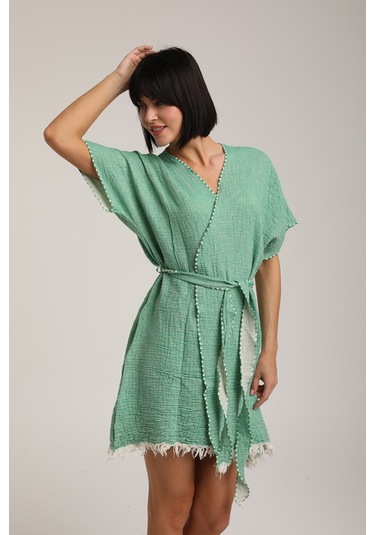 Life For Moda Kadın Kuşaklı Müslin Pareo Kimono P 80 Yeşil