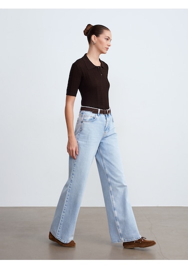 Dilvin 72288 Pamuk Kemerli Wide Leg Jean-mavi 34