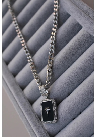 Byantep Mineli Siyah Kuzey Yıldızı Kolye Silver