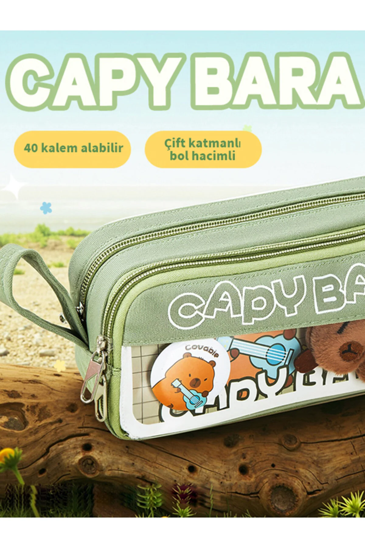 Capy Bara-40 Kalem Kapasiteli Çift Katlı Kalemlik Rastgele Broş & Oyuncak - Sütlü Kahverengi Sütlü Kahverengi